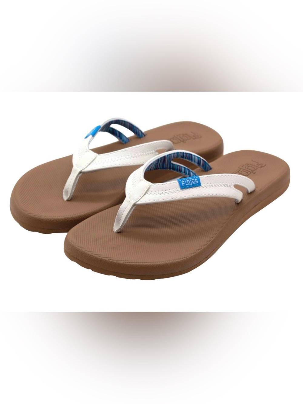Flojos White & Brown Comfort Thong Sandals. Women size 9